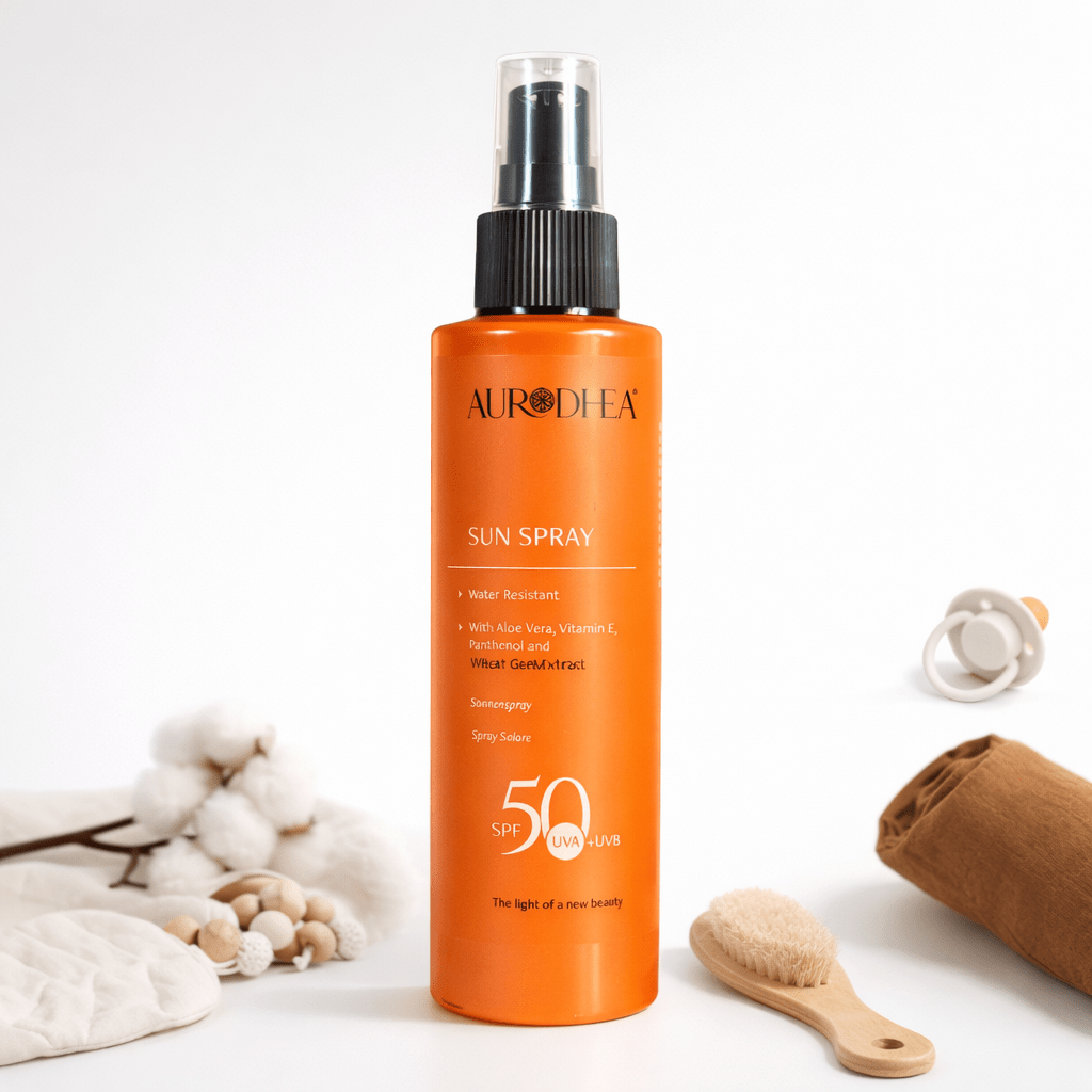 Aurodhea sun spray bottle, SPF 50, water resistant lotion with aloe vera and vitamins, ideal for sun protection.
